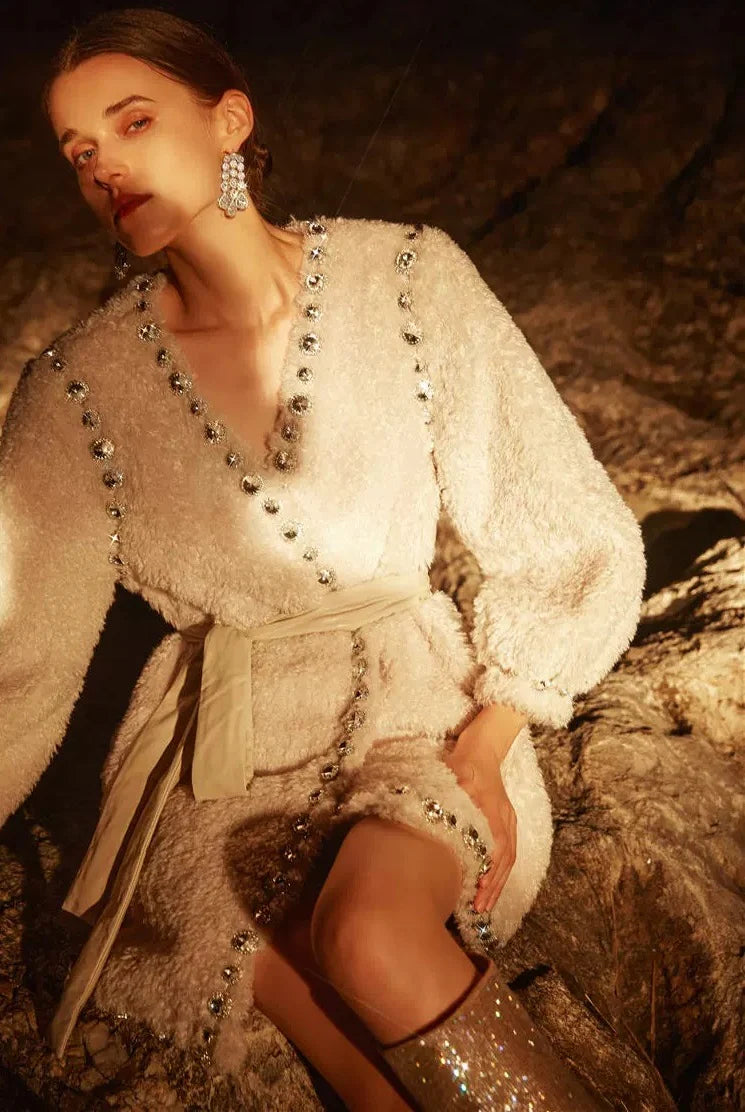 Flowering Girl Women Beige V-Neck Long Sleeve Diamond Stud Coat