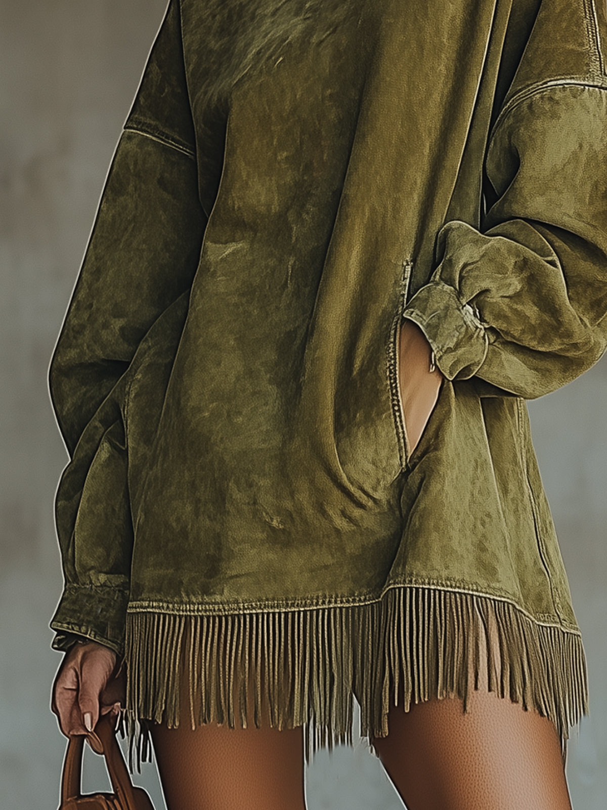 Flowering Girl Women Olive Faux Suede Turtleneck Dress With Fringe Hem