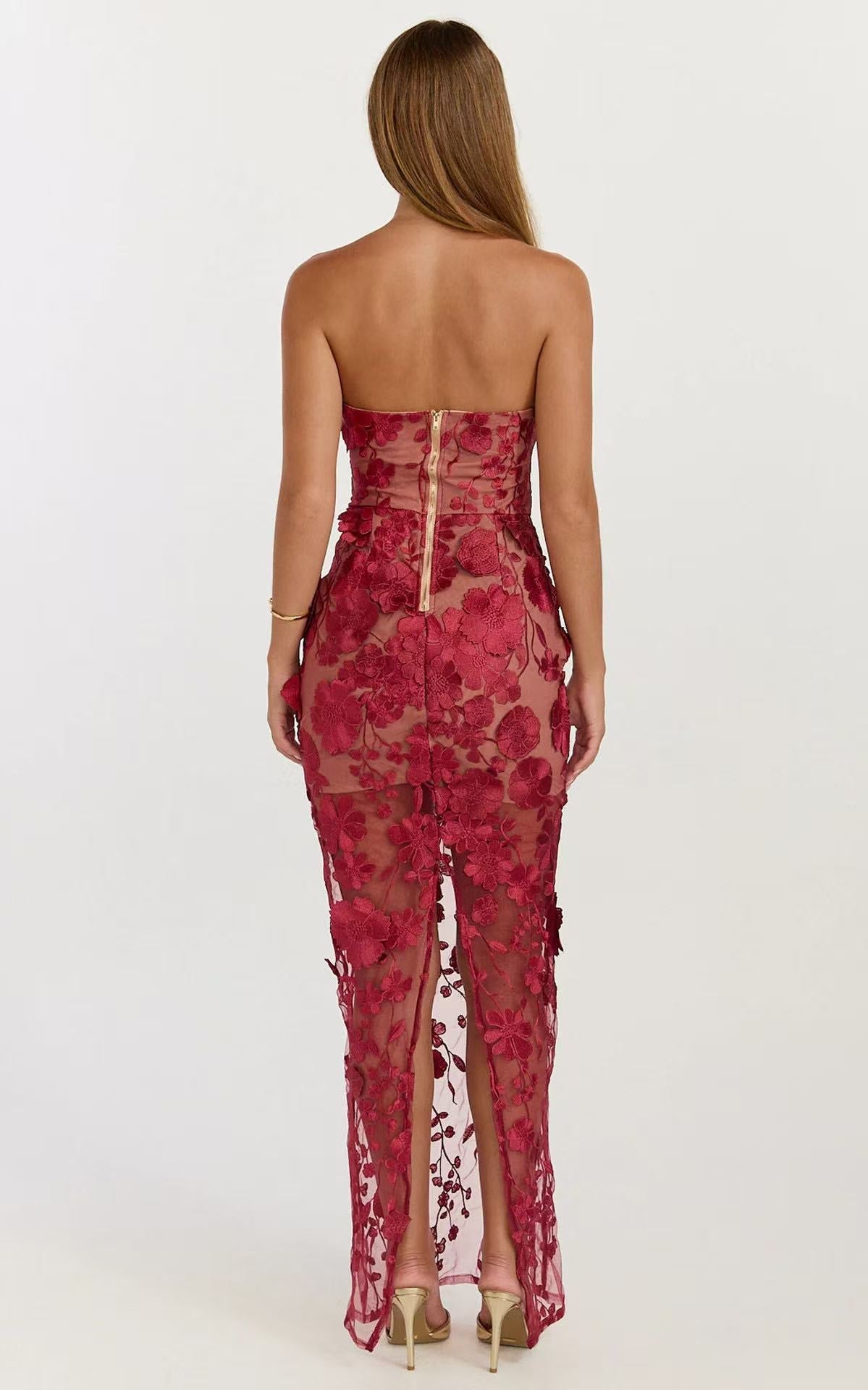 Strapless 3D Floral Mesh Maxi Dress