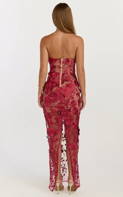 Strapless 3D Floral Mesh Maxi Dress