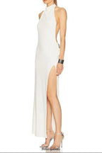 sharon halter backless high slit diamond maxi dress in white