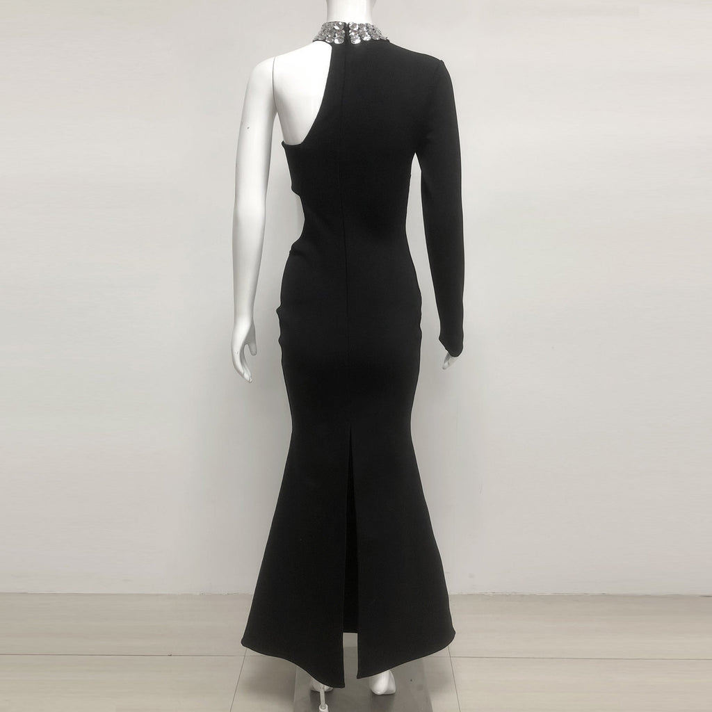 Flowering Girl Women crystal embellished One-Sleeve Cut-Out Maxi Dress in black