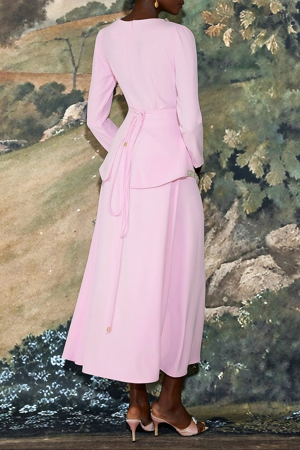 Flowering Girl Women damla Rhinestone embellished Long Sleeve Midi Dress - pink