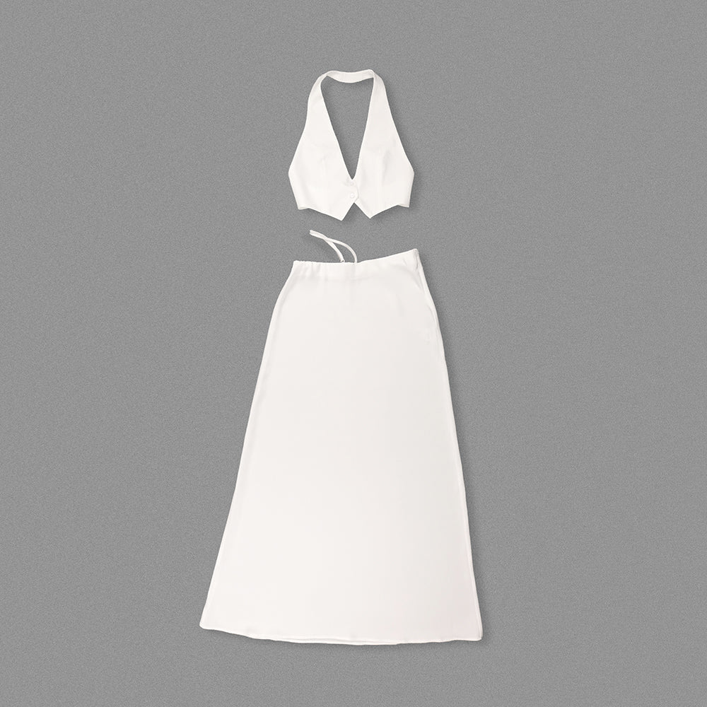 Flowering Girl Women silk crop top maxi skirts 2 pieces sets in white