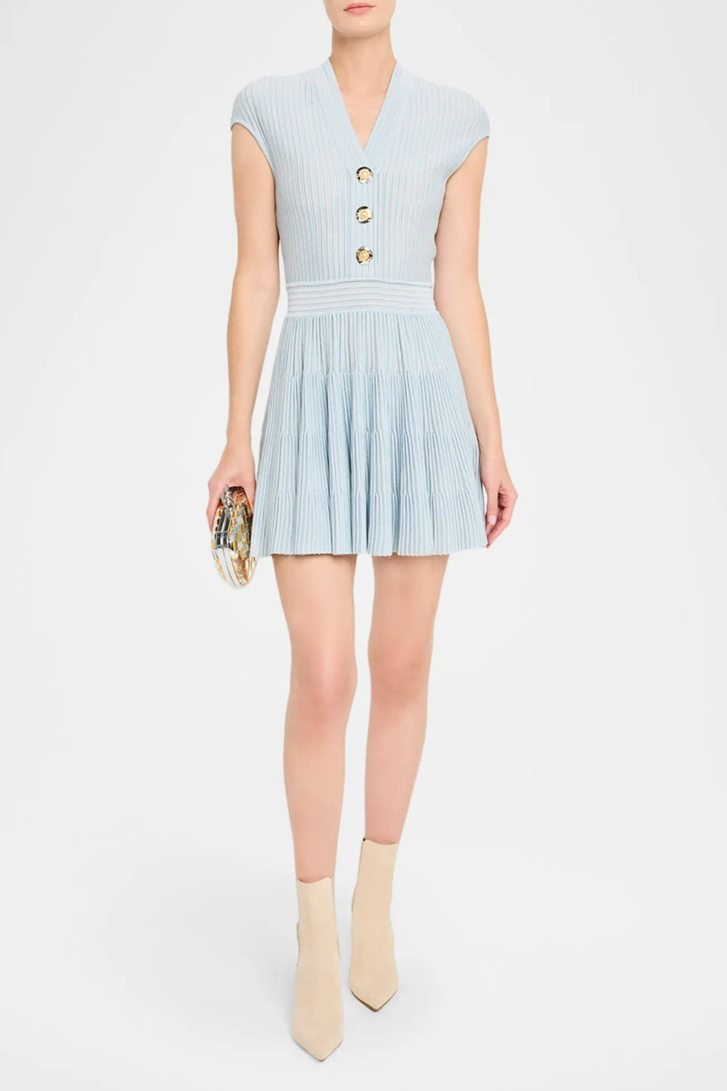 Short-Sleeve Flechage Knit Flare Mini Dress in blue