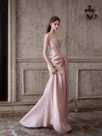Mermaid Ruched Strapless Beading Pink Prom Dress