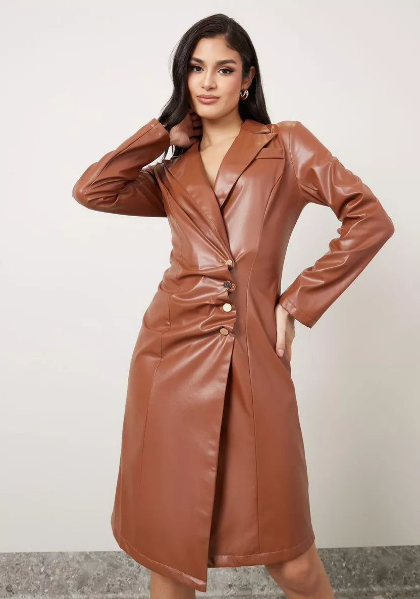 Flowering Girl Women notch lapel leather blazer dress in brown