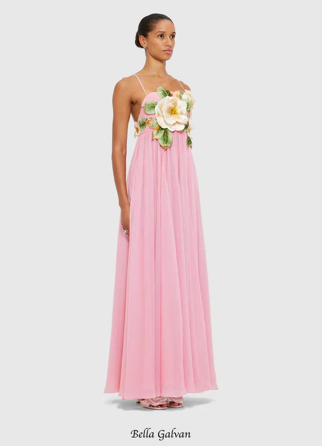 joann Appliqué Camellia Floral Maxi Dress in pink