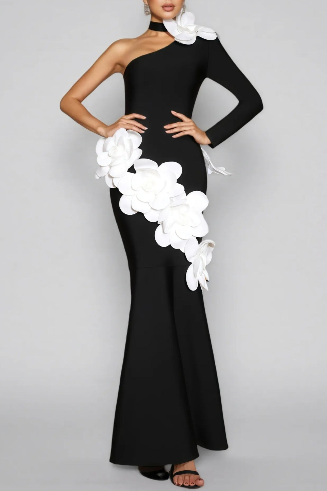Flowering Girl Women Gemma One Shoulder 3D Flower Bandage Maxi Dress In Black