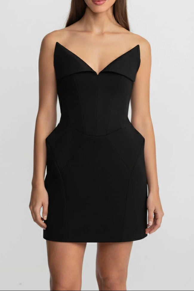 Laura Folded Collar Corset Mini Dress In Black