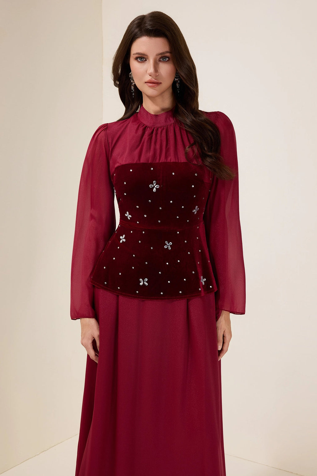 Flowering Girl Women caroline Rhinestone Velvet Splicing Maxi Dress - burgundy