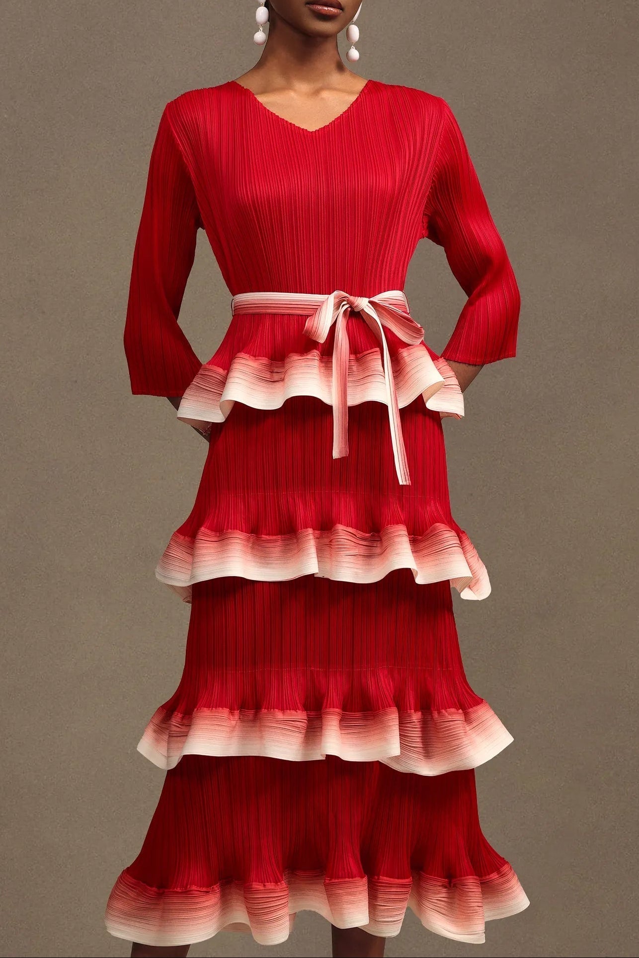 victoria Pleated Round Neck Long Sleeve Falbala Woven Maxi Dress in red