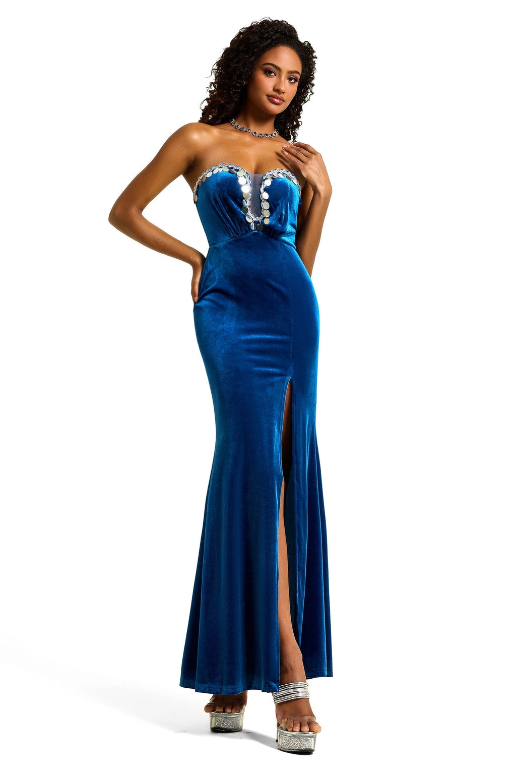 Flowering Girl Women Sequin Velvet Sleeveless Split Maxi Dress - blue
