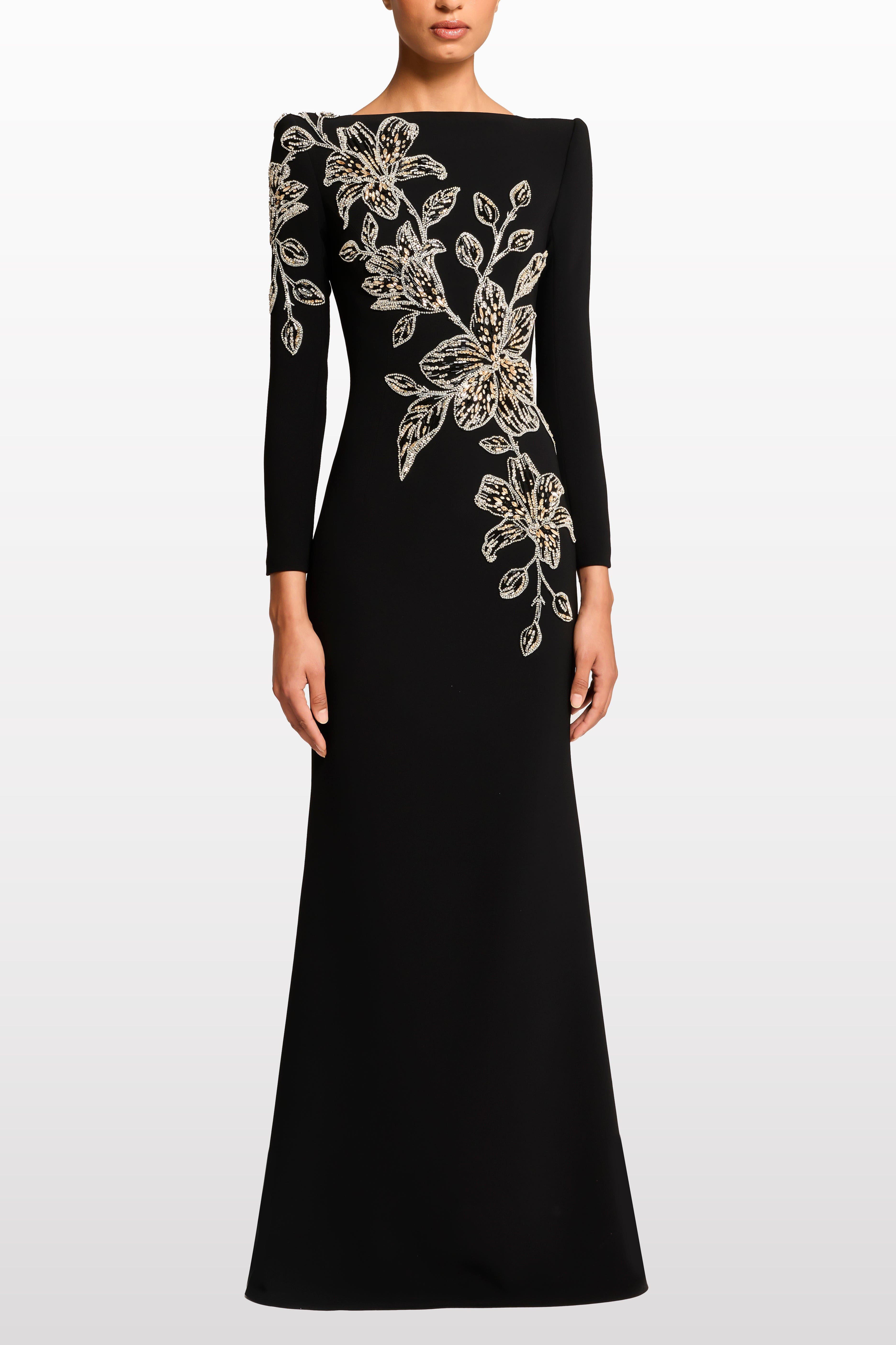 monica rhinestone Orchid Floral-Embellished Maxi Dress in black