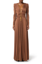 Meroy Deep V Puff Sleeve Pleated Maxi Dress In Brown