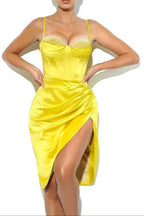 Flowering Girl Women Lemon Yellow Pleated Satin Mini Dress