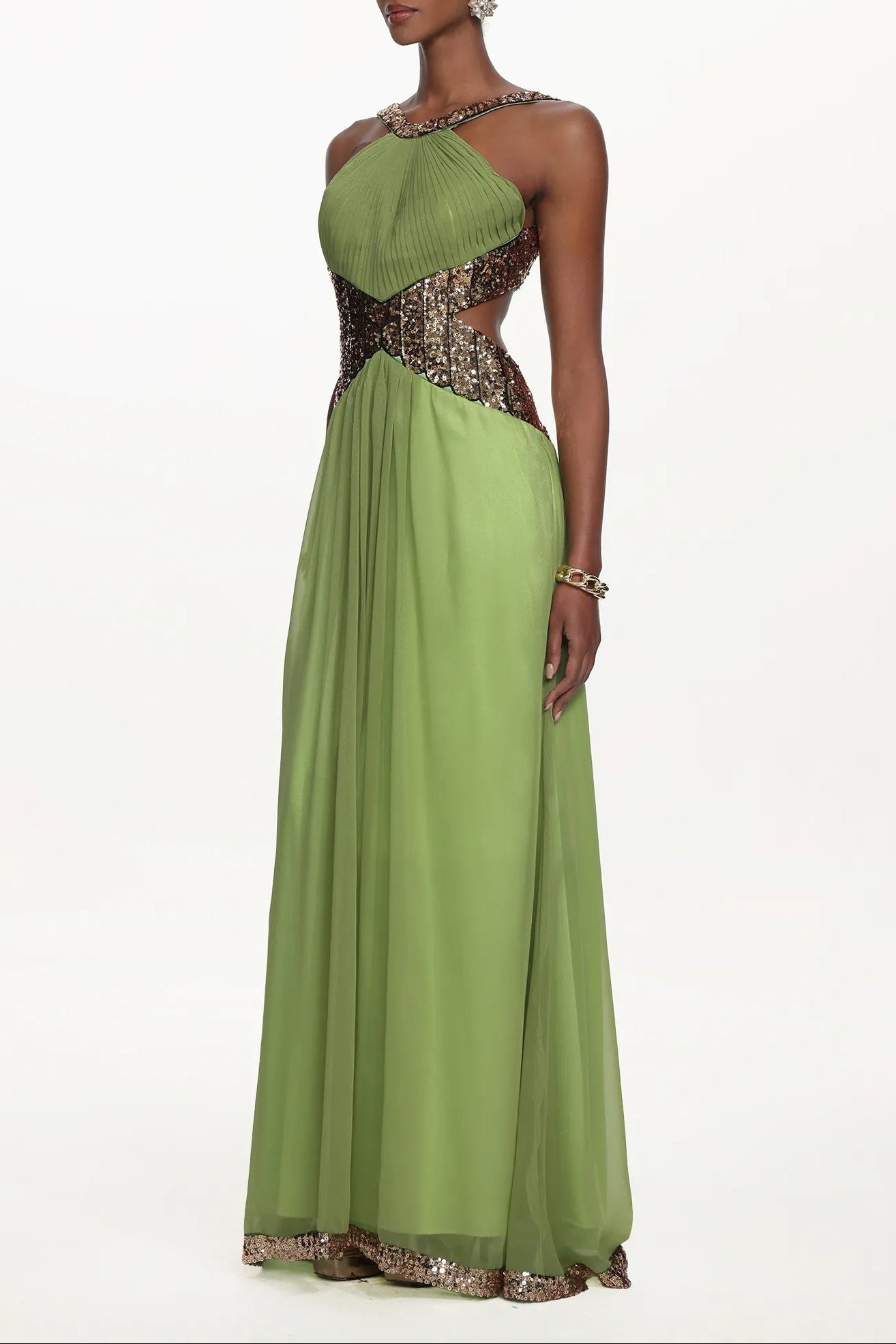 virginia green Halter Pleated Cut Out Sequin Maxi Dress