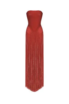 Helen Bodysuit Fringe Strapless Mini Dress In Red