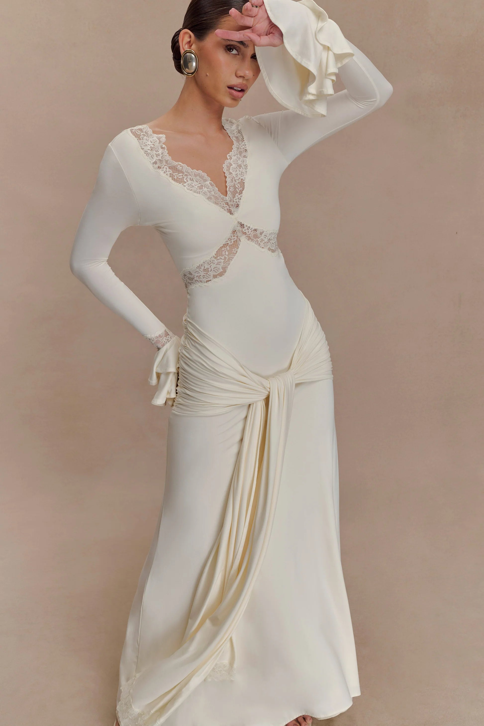 pamela V-neck lace see-through maxi dress in white