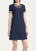 Jocelyn Rhinestone Embroidered Crepe Mini Dress In Navy Blue