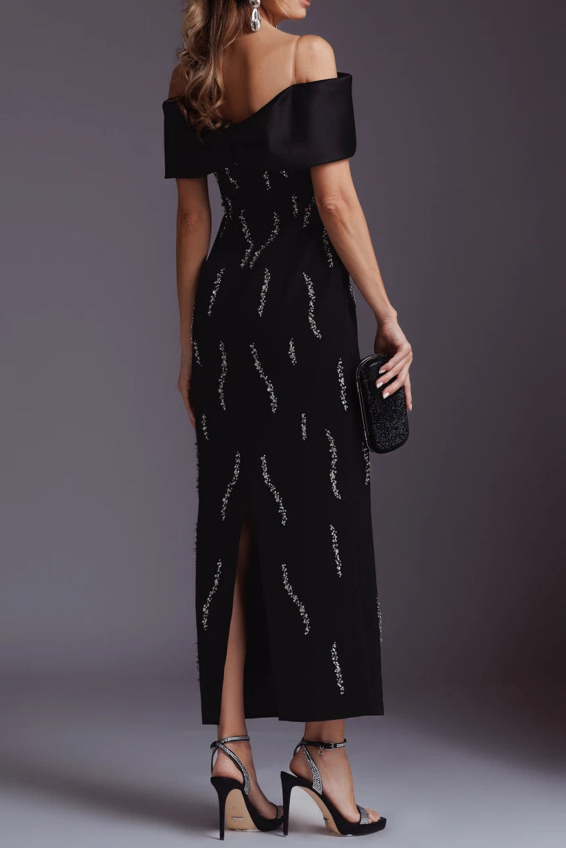 Laurel Off-Shoulder Rhinestone Bandage Maxi Dress In Black