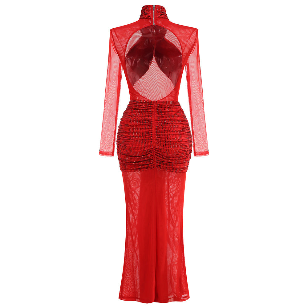 Flowering Girl Women Slinky Mesh Long Sleeve Maxi Dress in Ruby
