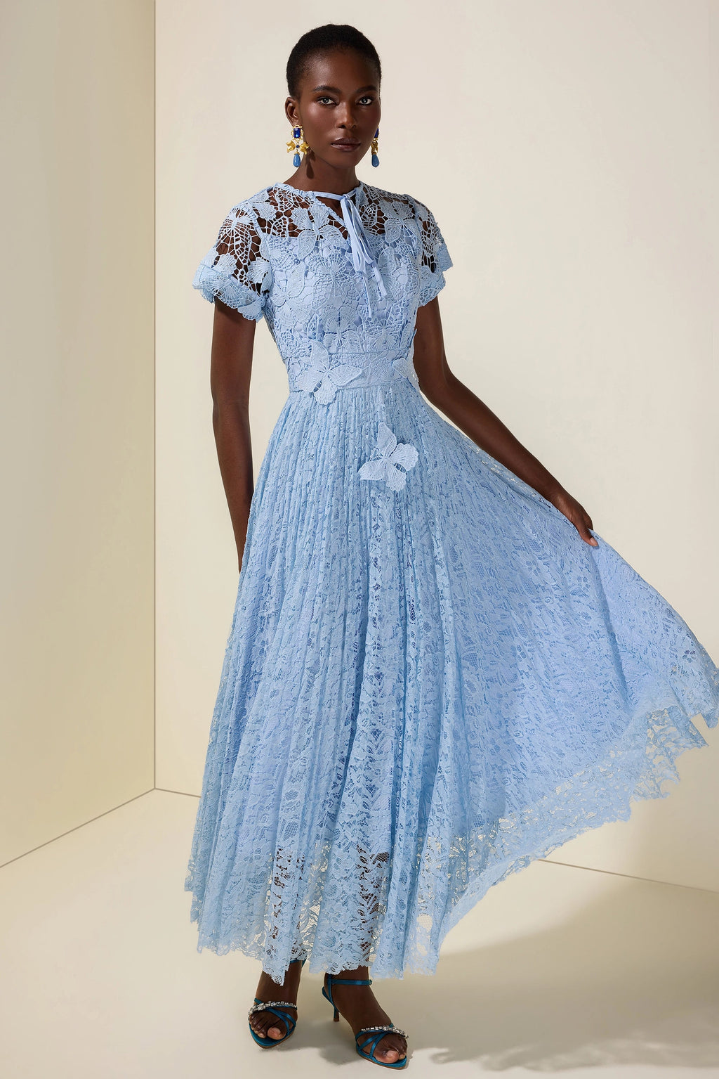 Flowering Girl Women selena Lace Butterfly Pleated Midi Dress - blue