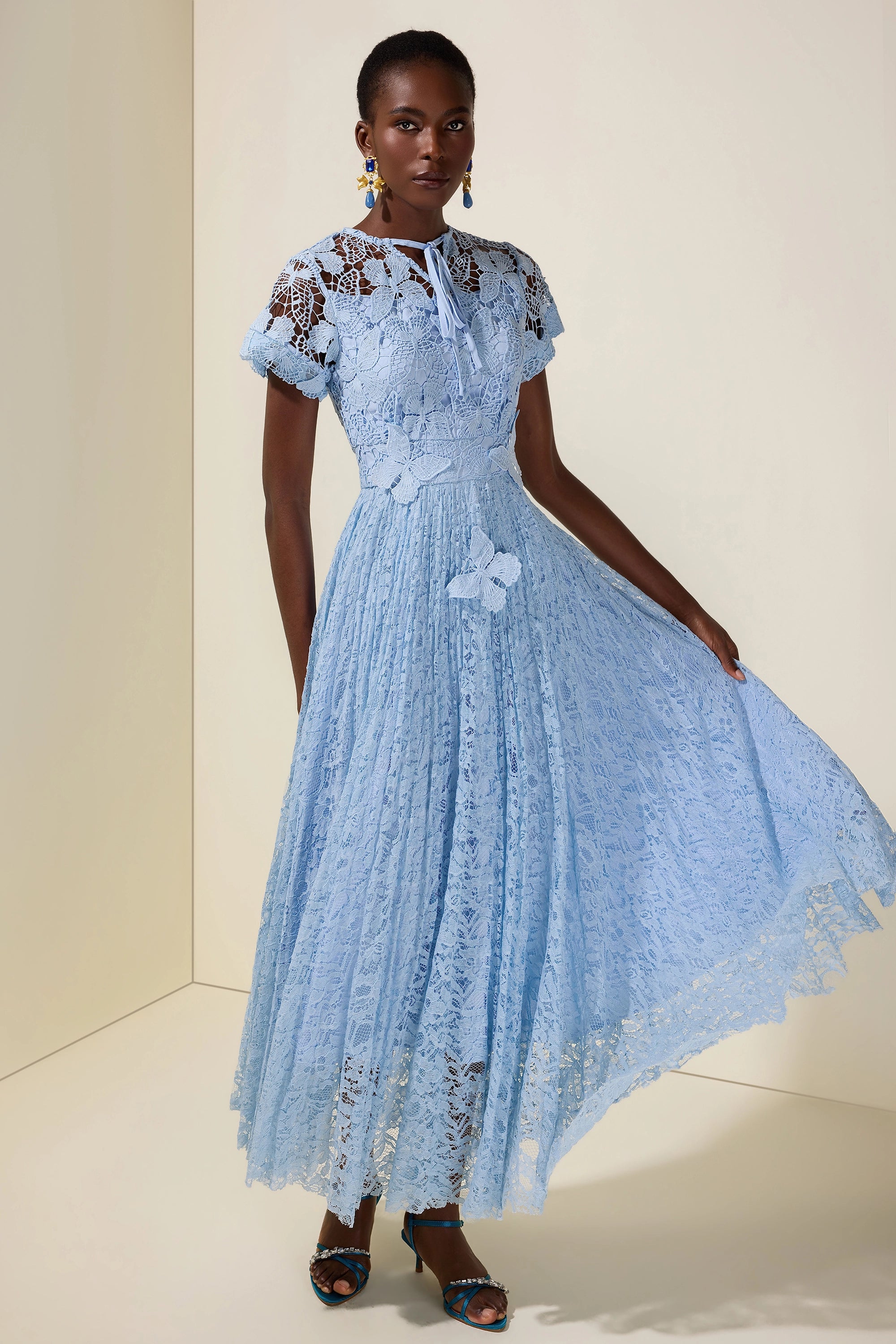 Flowering Girl Women selena Lace Butterfly Pleated Midi Dress - blue
