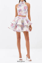 Flowering Girl Women jessica printed backless halter top skirt set in pink