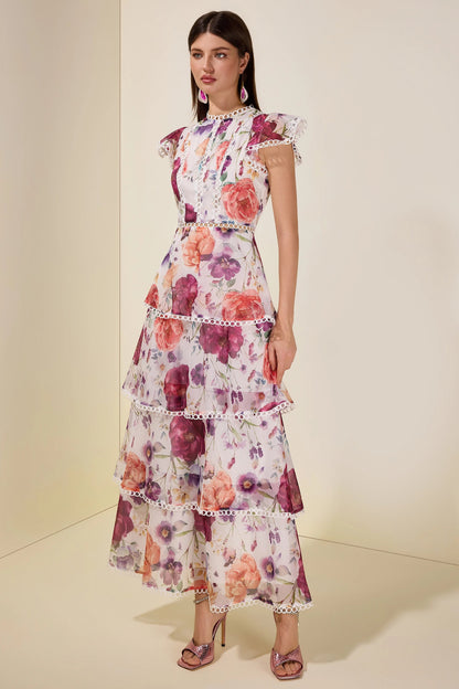 zenobia Floral Lace Ruffle Maxi Dress - white