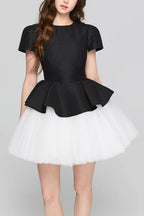 Flowering Girl Women Two-Tone Velvet Ruffle Hem Puffy Mini Dress