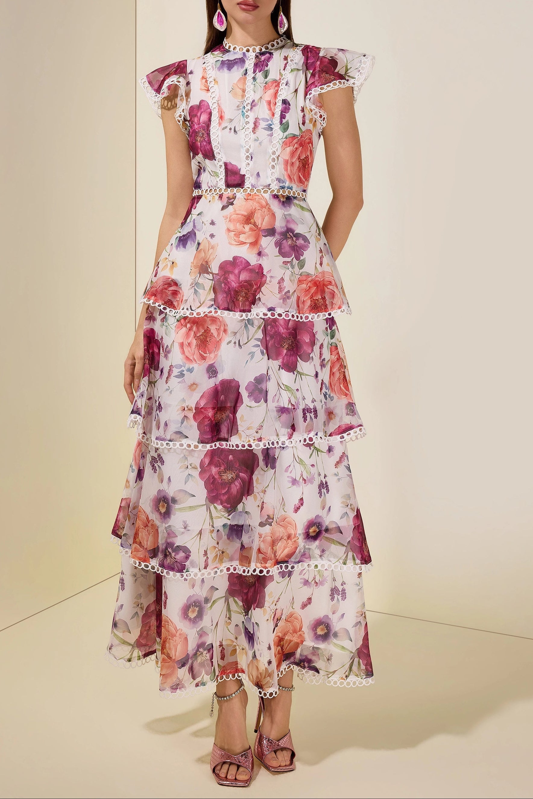 Zenobia Floral Lace Ruffle Maxi Dress - White