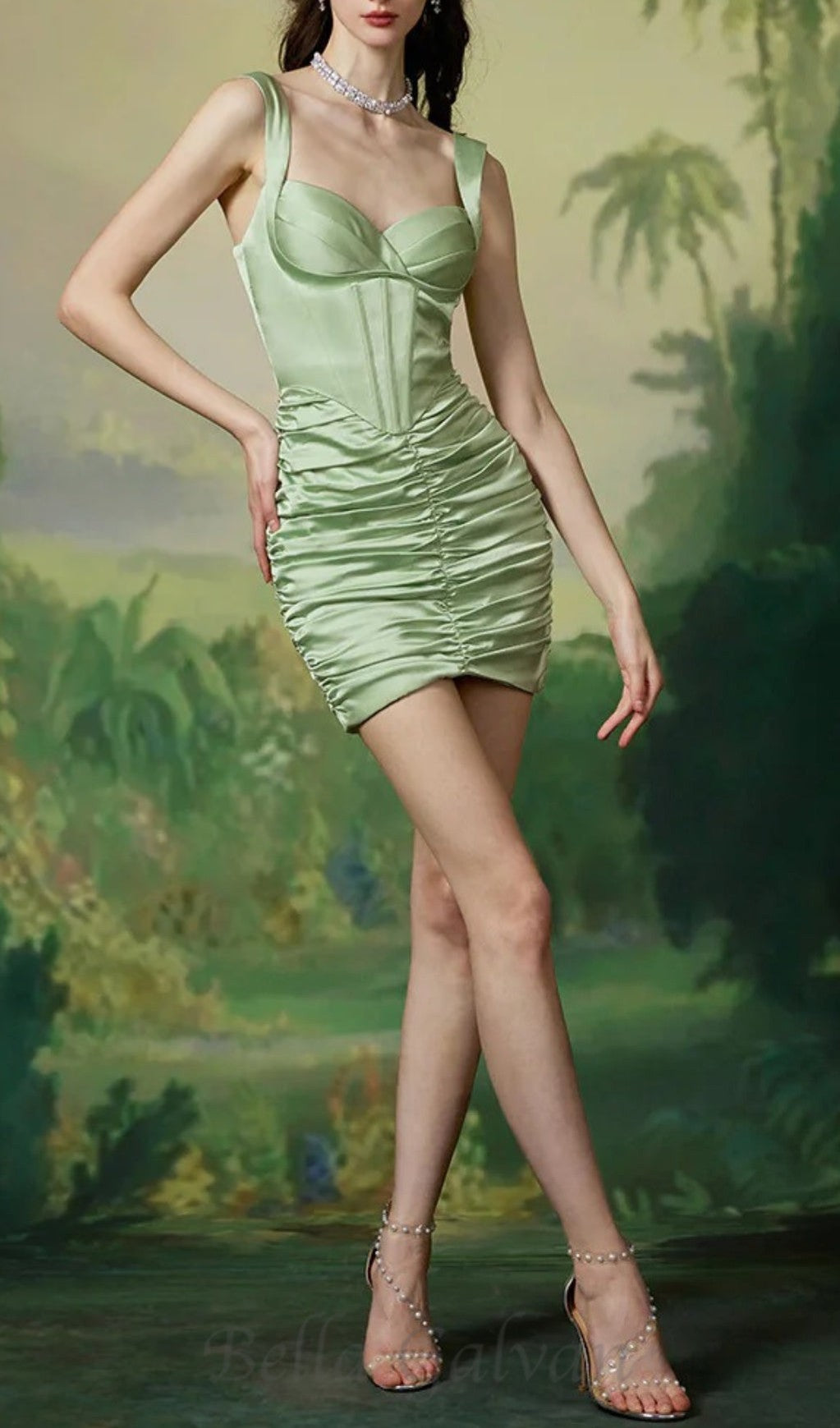 Flowering Girl Women CUSI CORSET RUCHED MINI DRESS IN GREEN