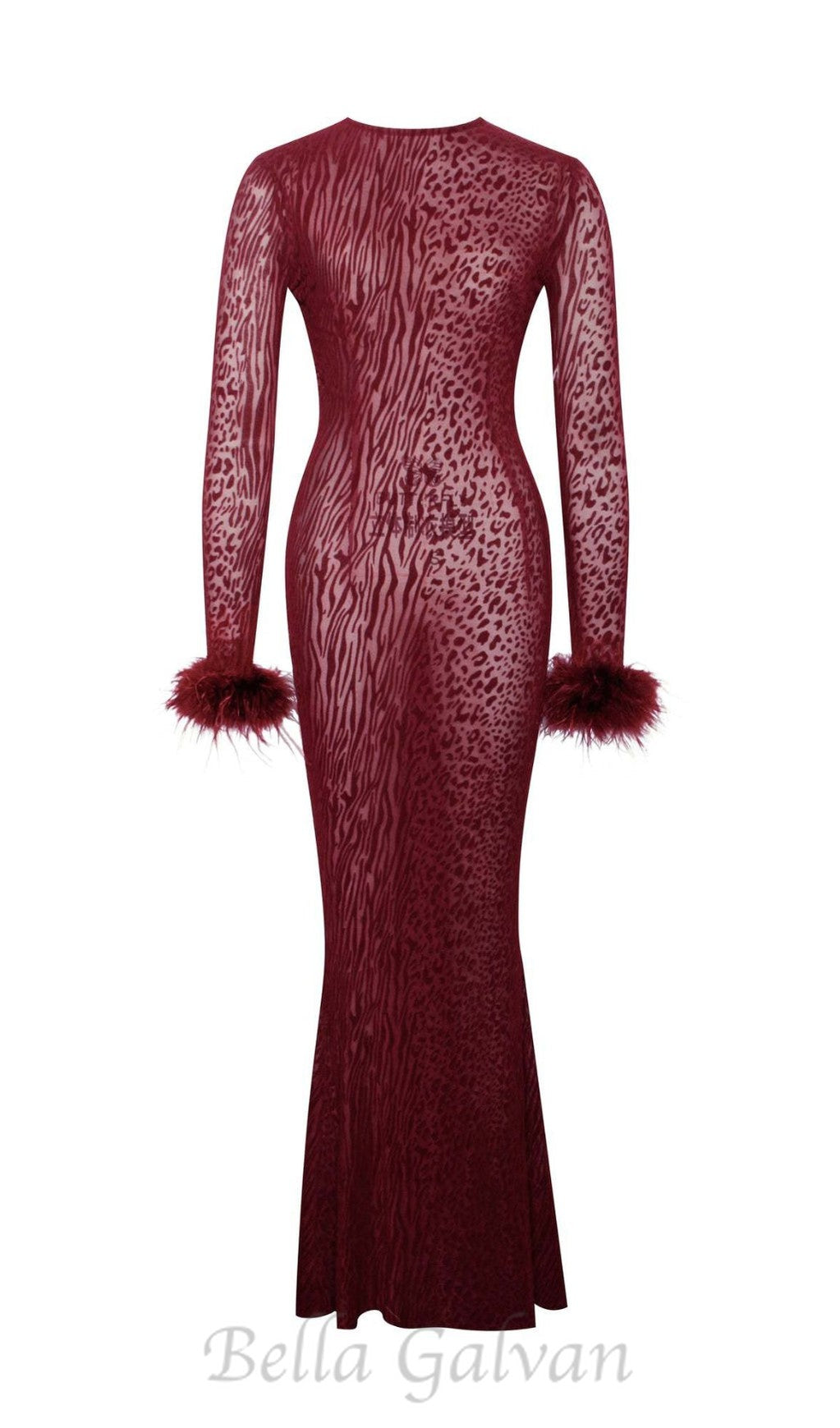 Flowering Girl Women burgundy mesh feather maxi dress