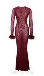 Flowering Girl Women burgundy mesh feather maxi dress