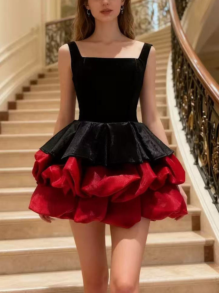Alexandra Layer Wavy Trim Mini Dress  - Black/Red