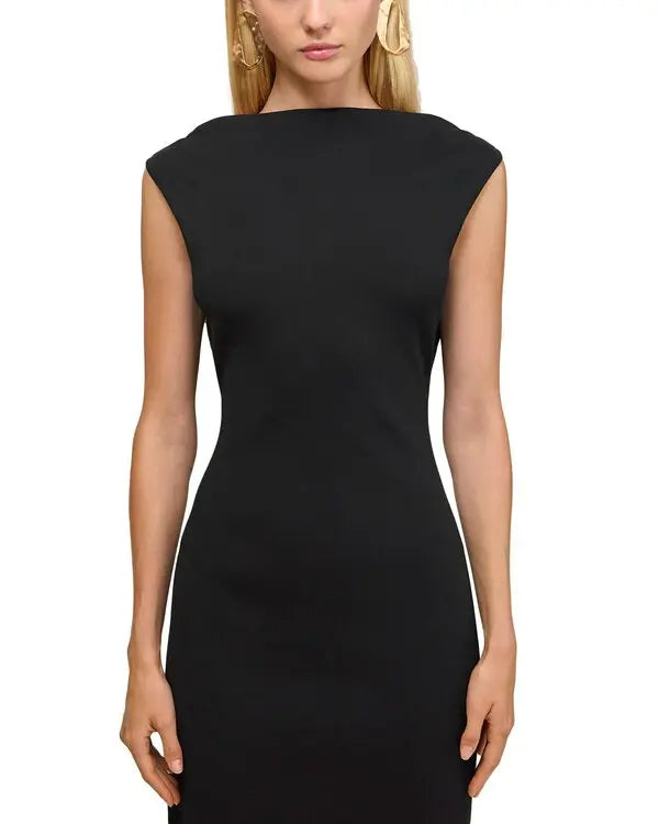 Flowering Girl Women Black Sleeveless Backless Knit Midi Dress With Two Pleated Golden Embellishments