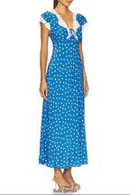 lyuba polka dot Lace-trimmed V-neck maxi dress in blue
