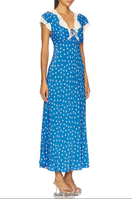lyuba polka dot Lace-trimmed V-neck maxi dress in blue