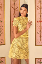 hollow lace bow belt mini dress in yellow