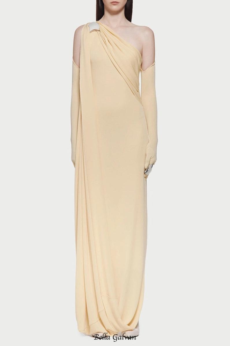 xaviera one-shoulder pleated backless maxi dress in yellow