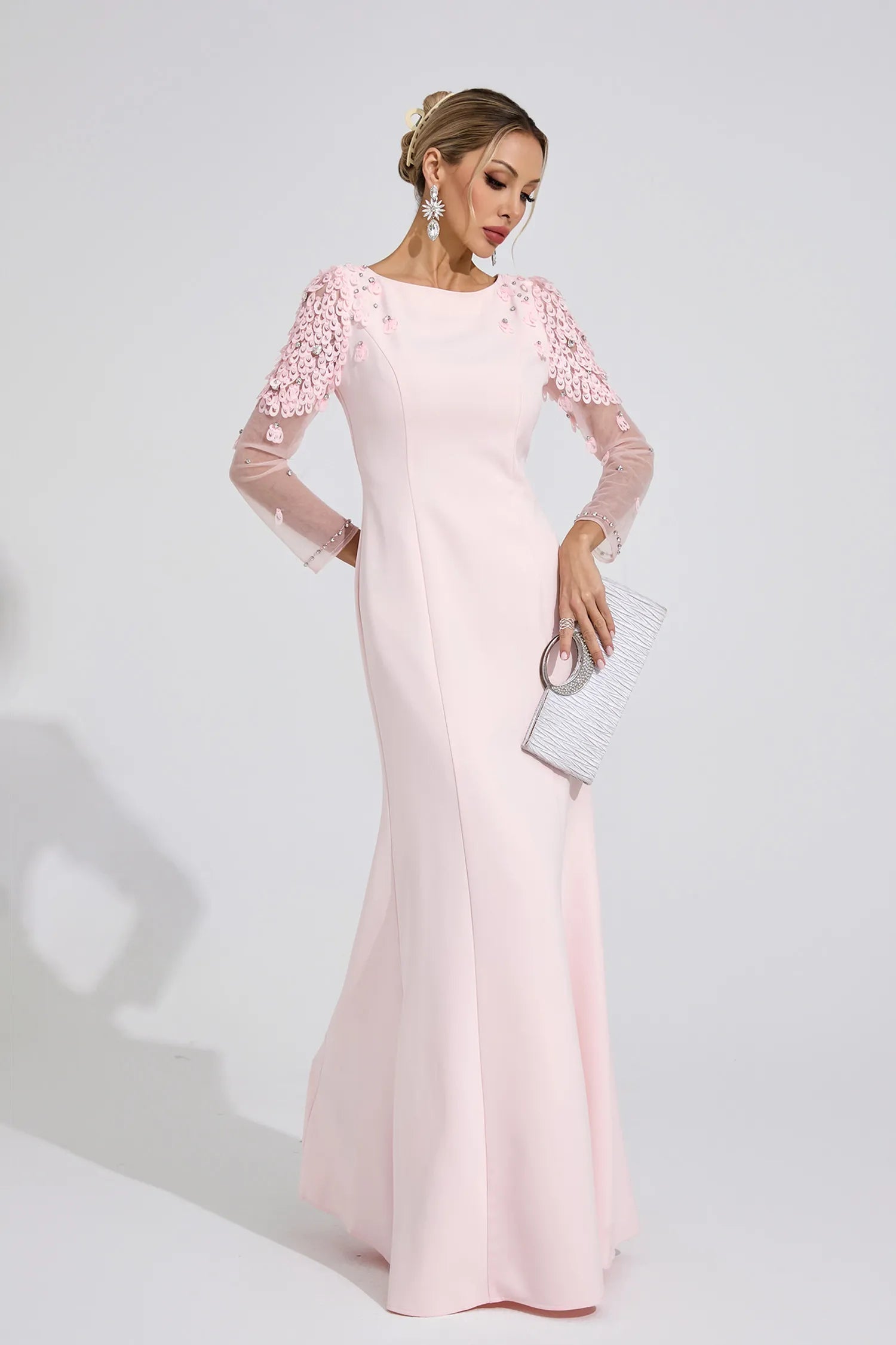 Victoria Pink Sequin Mesh Sleeve Maxi Dress