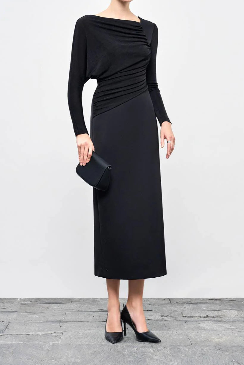 Flowering Girl Women Mirabel A-line Back Slit Taffeta Midi Dress in black