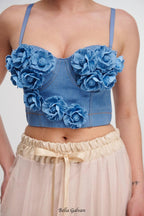 Flowering Girl Women Denim Top With Roses