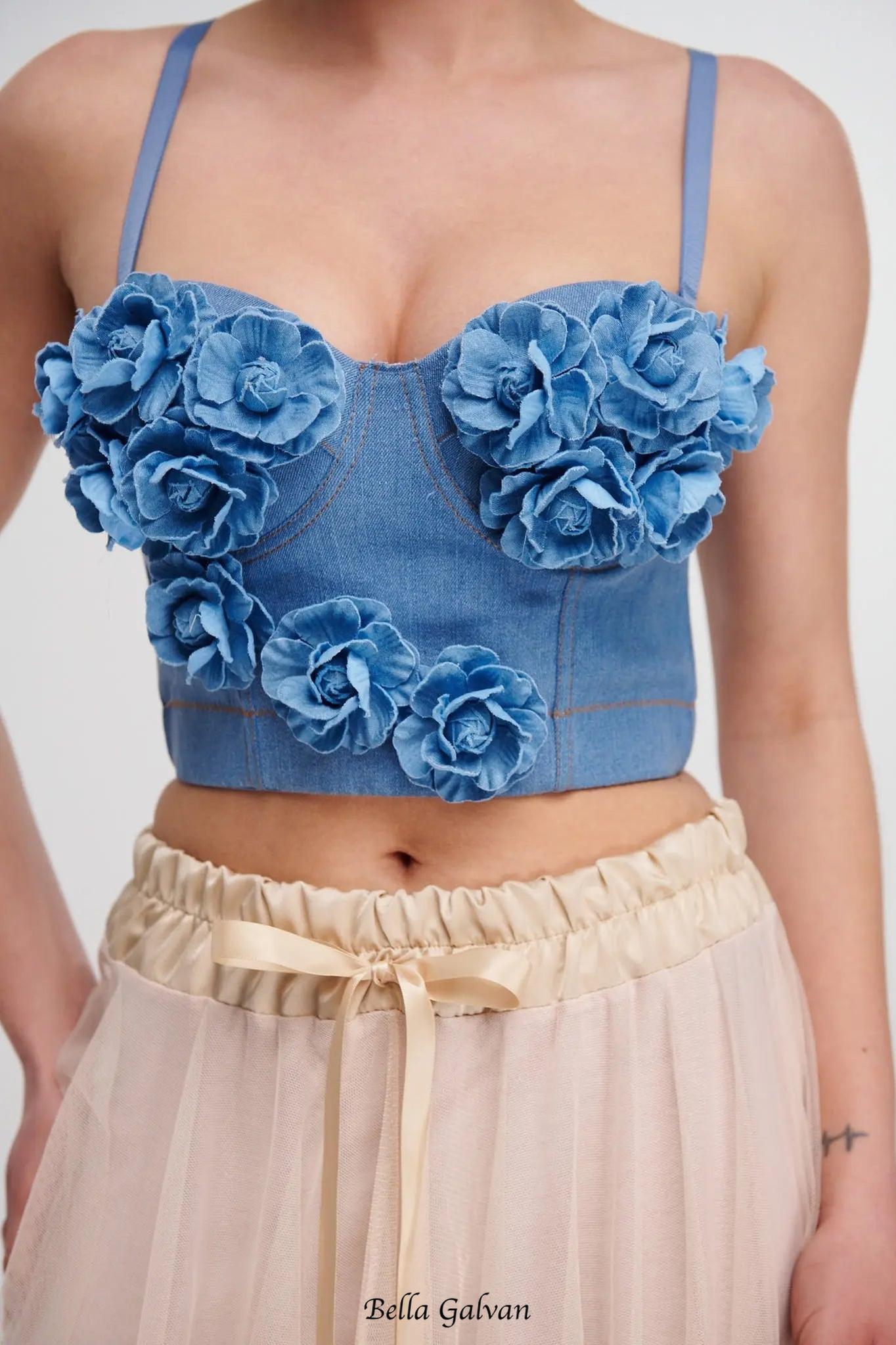 Flowering Girl Women Denim Top With Roses