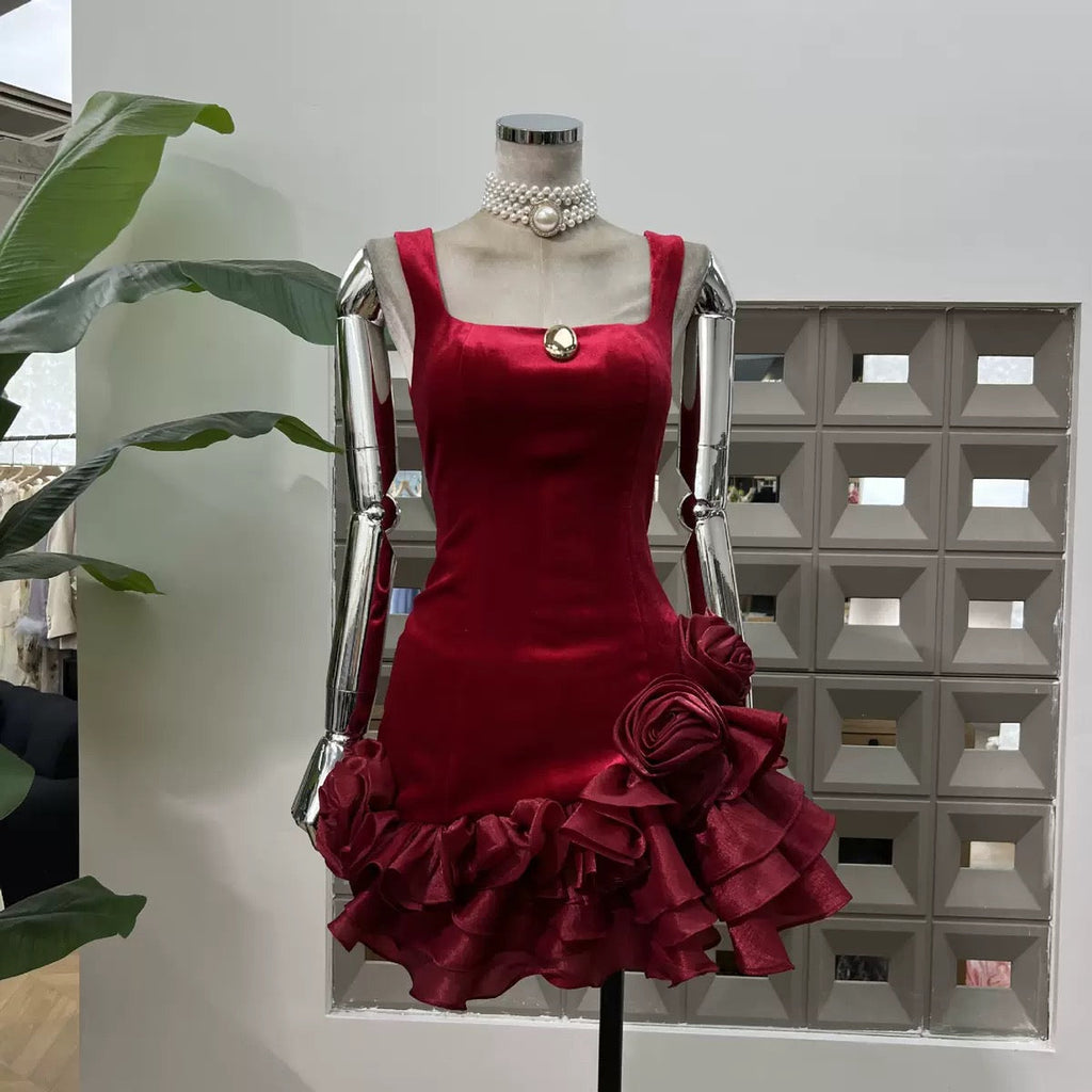 Renata Square Neck Flower Velvet Mini Dress