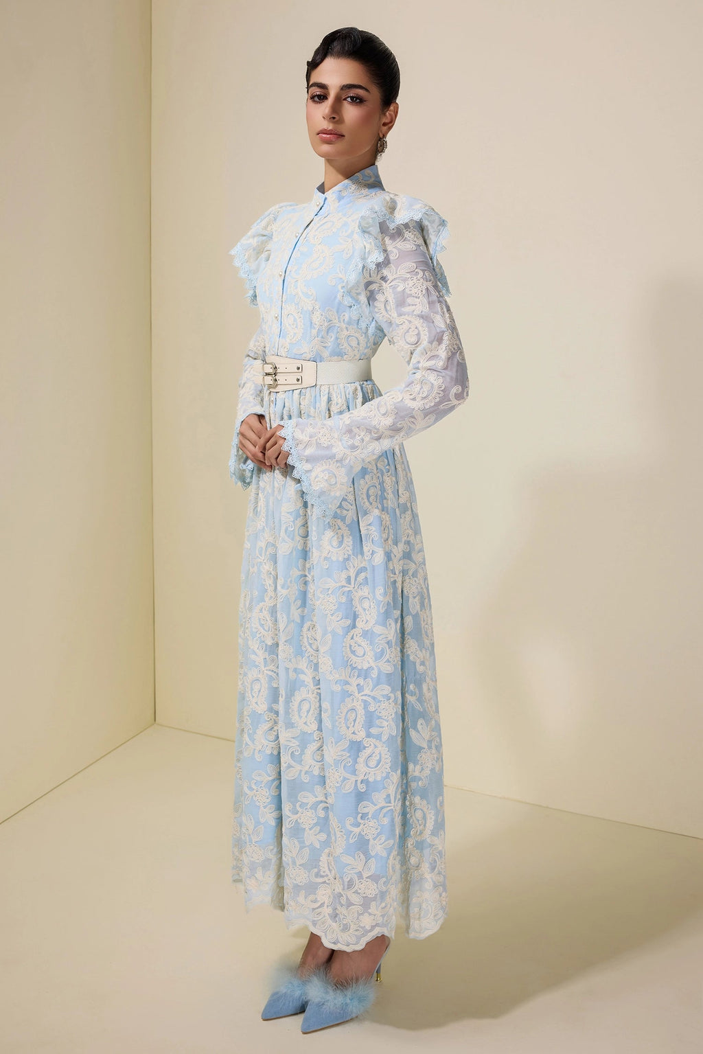 alma Chiffon Embroidered Single Breasted Midi Dress With Belt - blue