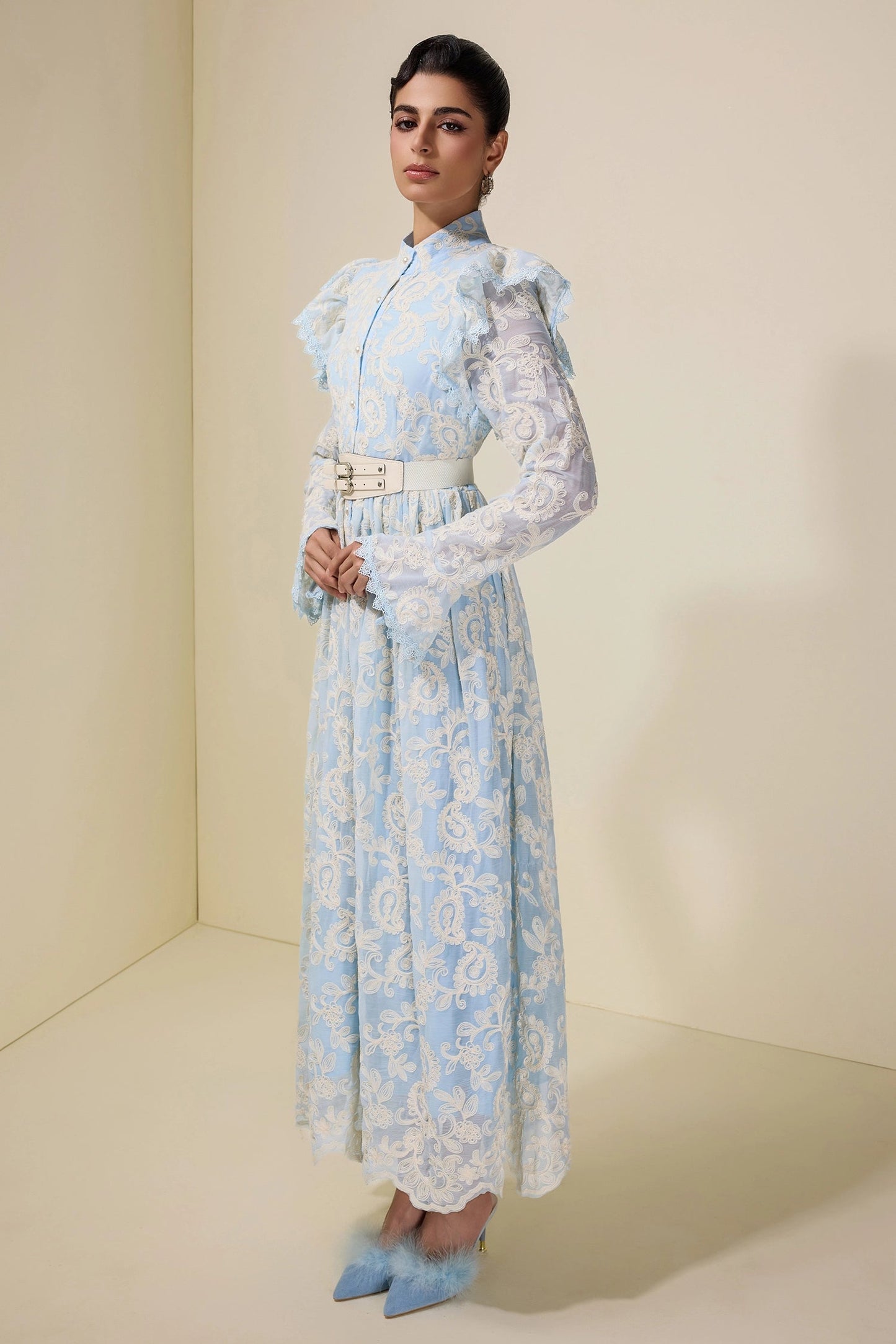 alma Chiffon Embroidered Single Breasted Midi Dress With Belt - blue