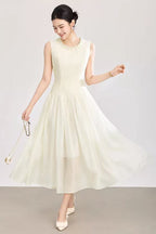 Sleeveless Midi Dress With Tulle Skirt And Pearl Embellished Collar - Ivoire