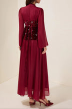 Flowering Girl Women caroline Rhinestone Velvet Splicing Maxi Dress - burgundy
